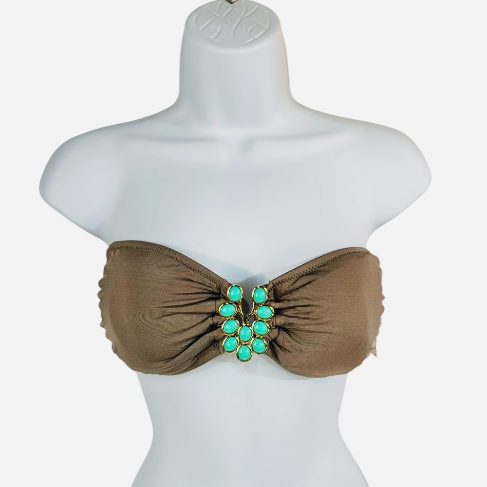 Trina Turk Bijou Bandeau Bikini Top 10 Taupe Turquoise Swim Collection Pads New